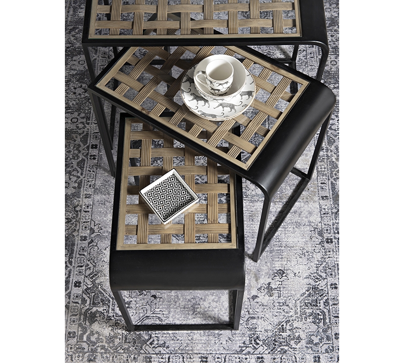 Σετ/3 τραπεζια "ζιγκόν" με τζάμι & σχ.ψάθα